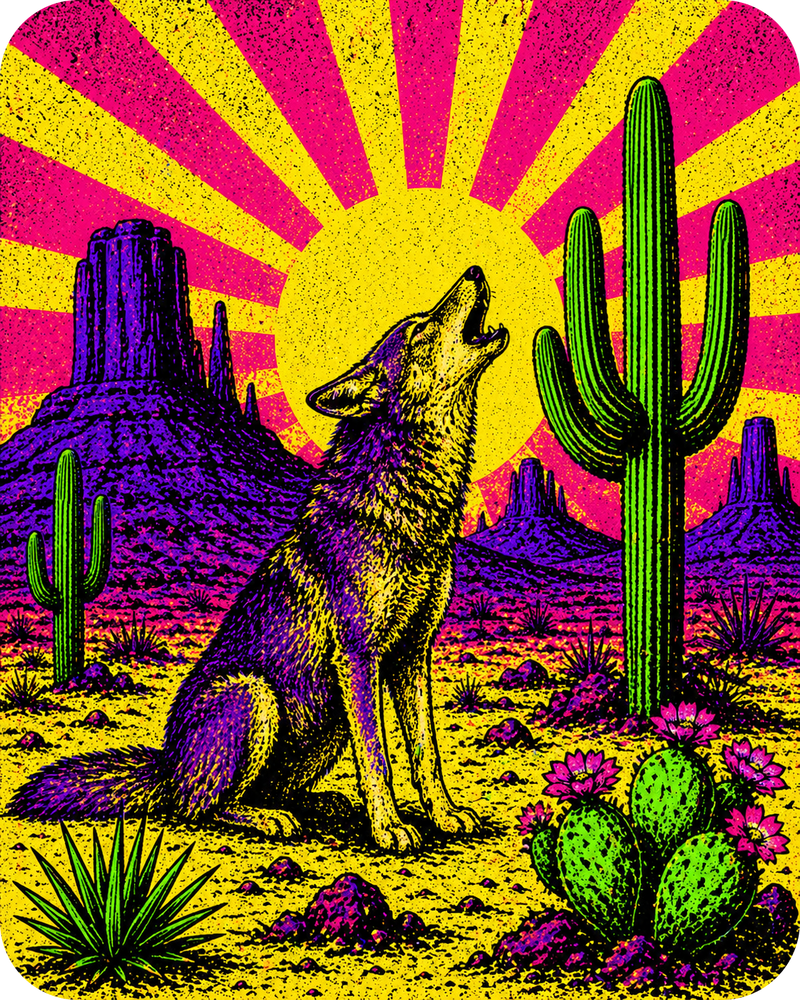 Electric Mirage — Neon howling coyote with sunburst rays and saguaros