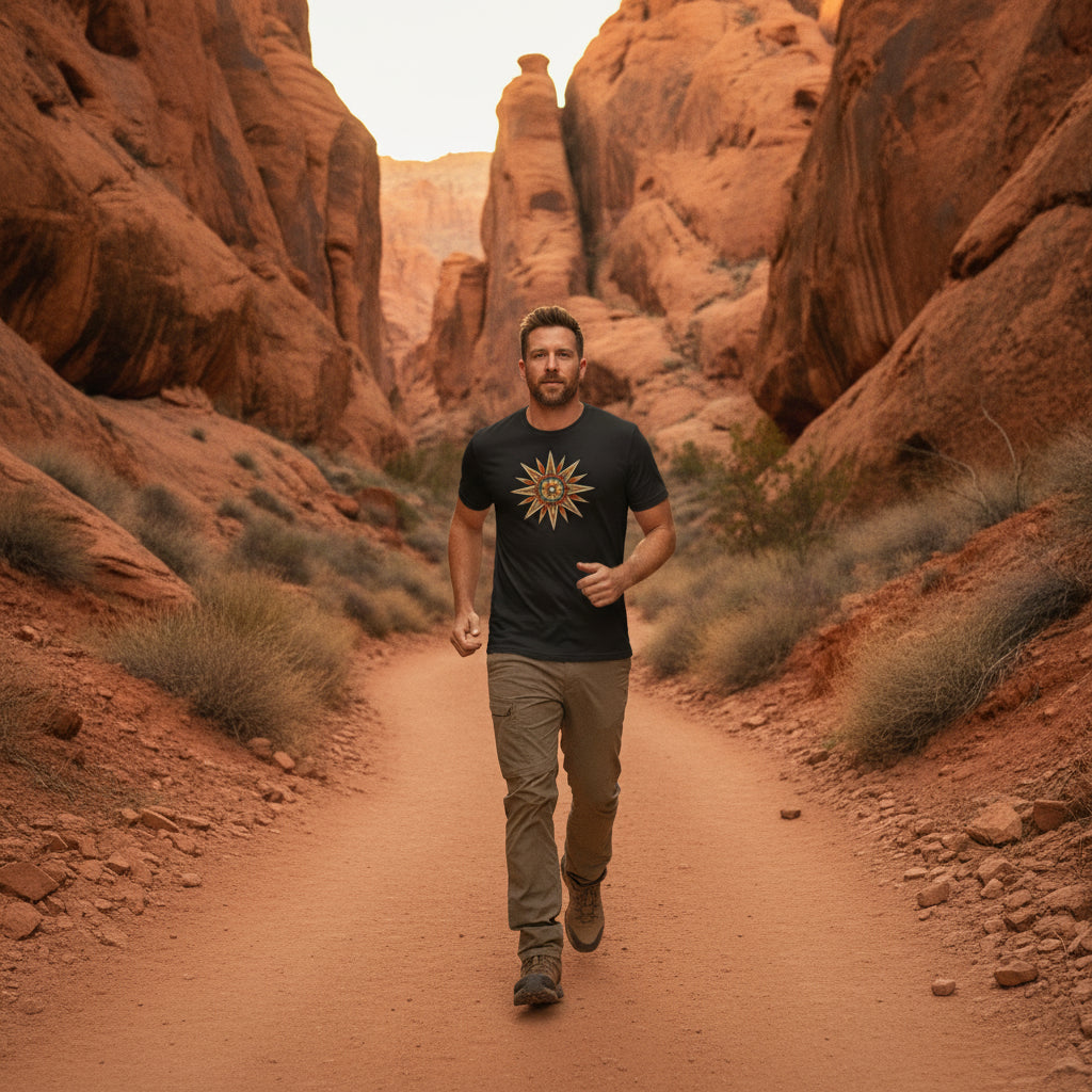 Compass Star Mandala graphic tee worn in the Southwest desert