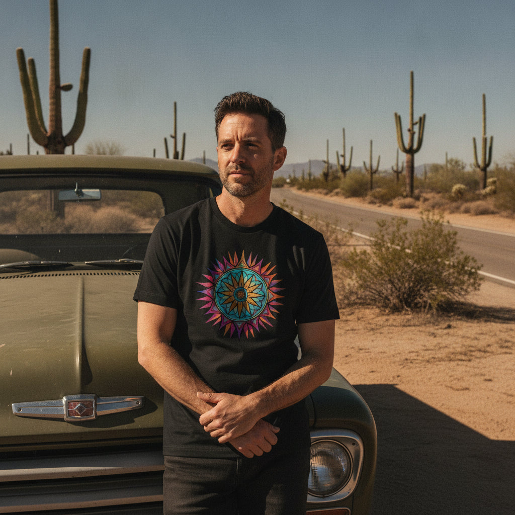 Neon Gradient Mandala graphic tee worn in the Southwest desert