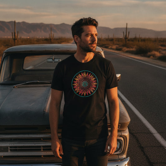 Sunset Mandala graphic tee worn in the Southwest desert