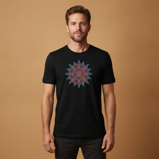 Neon Burst Mandala graphic tee worn in the Southwest desert