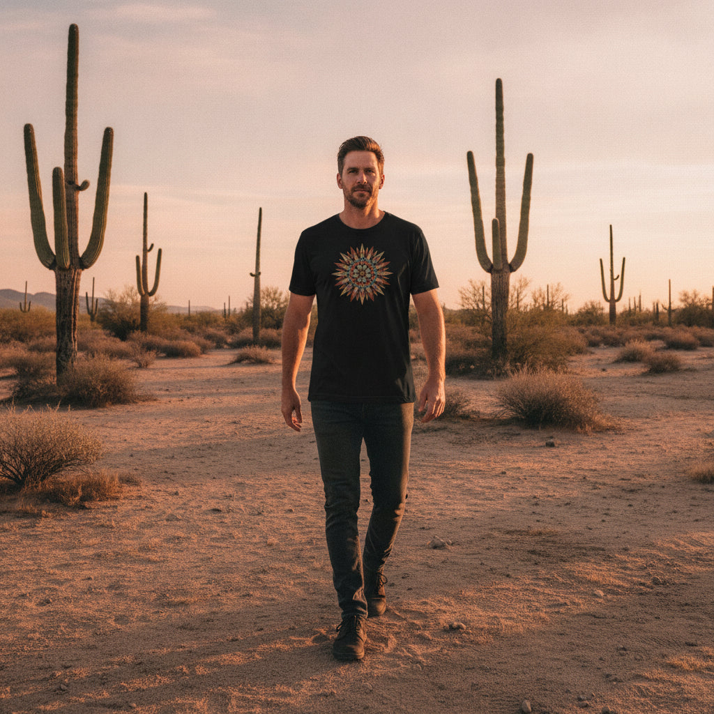 Turquoise Burst Mandala graphic tee worn in the Southwest desert