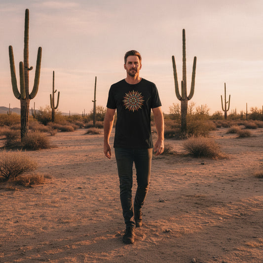 Turquoise Burst Mandala graphic tee worn in the Southwest desert