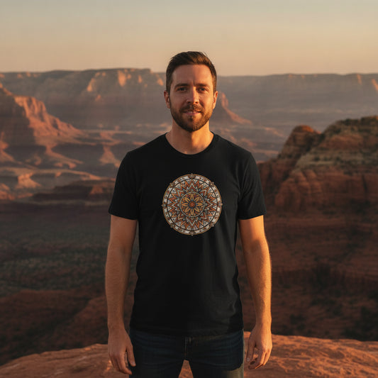 Desert Sunburst Mandala graphic tee worn in the Southwest desert