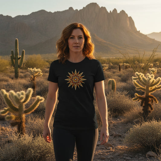 Desert Mandala Star graphic tee worn in the Southwest desert