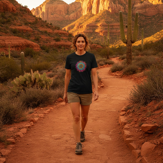 Neon Gradient Mandala graphic tee worn in the Southwest desert