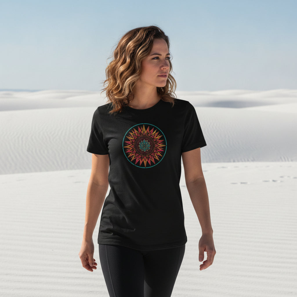 Teal Ring Sunset Mandala graphic tee worn in the Southwest desert