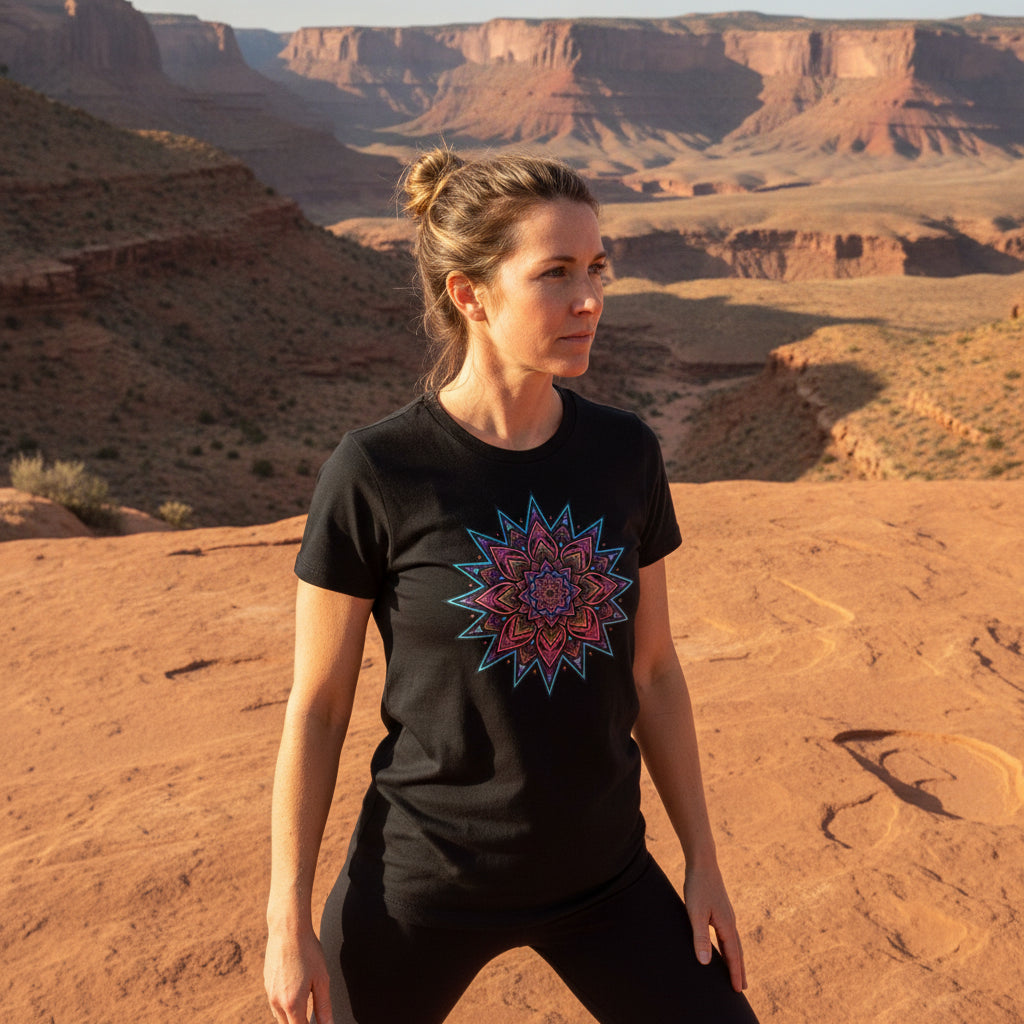 Neon Mandala Star graphic tee worn in the Southwest desert