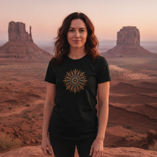 Desert Sun Mandala graphic tee worn in the Southwest desert