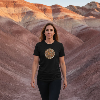Desert Bloom Mandala graphic tee worn in the Southwest desert