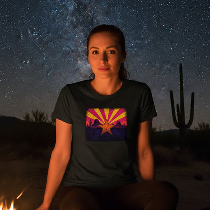 Neon Arizona Flag Star graphic tee worn in the Southwest desert