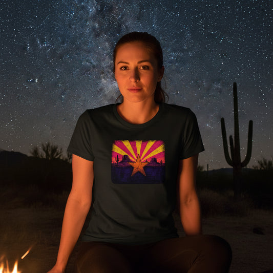 Neon Arizona Flag Star graphic tee worn in the Southwest desert
