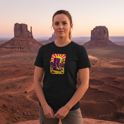 Neon Sunburst Boots graphic tee worn in the Southwest desert