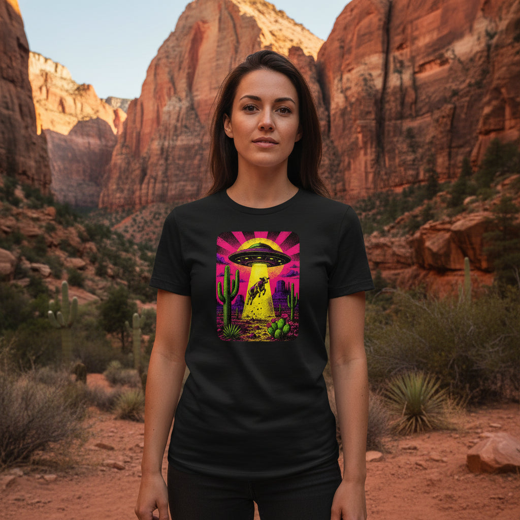 Neon Cow Abduction graphic tee worn in the Southwest desert