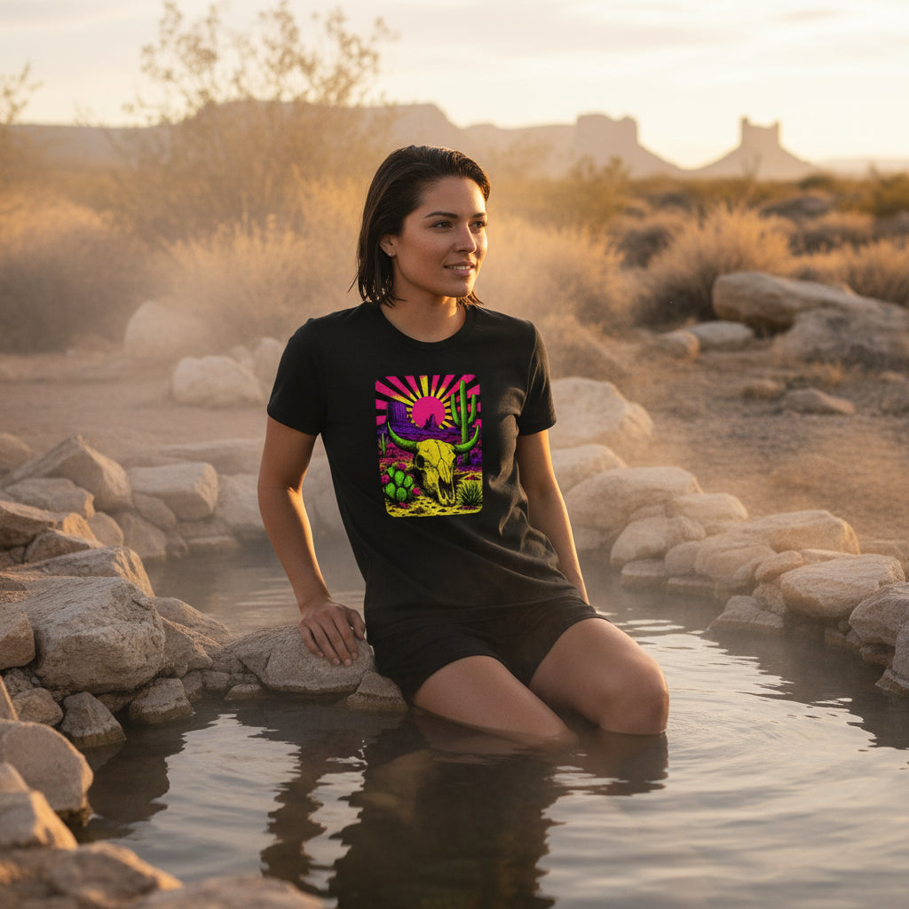 Neon Skull Sunburst Desert graphic tee worn in the Southwest desert