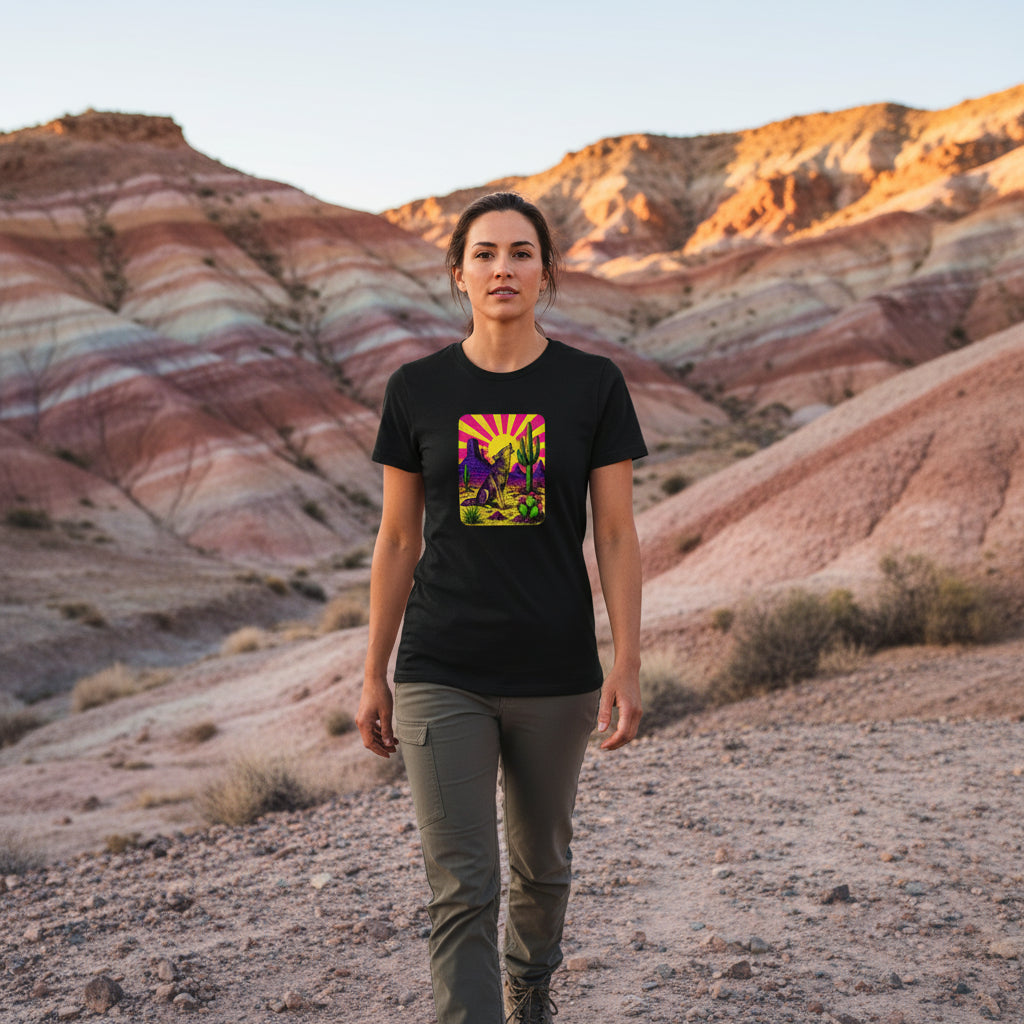 Neon Sunburst Howling Coyote graphic tee worn in the Southwest desert