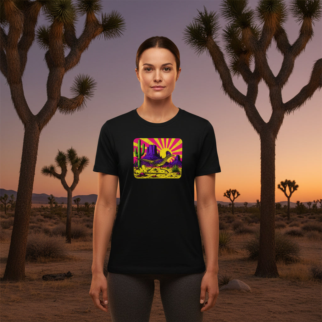 Neon Roadrunner Monument Valley graphic tee worn in the Southwest desert