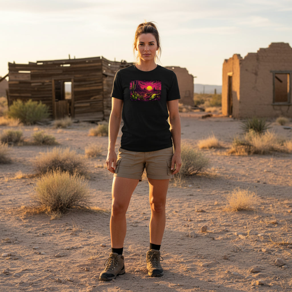 Blacklight Desert Skull Sunset graphic tee worn in the Southwest desert