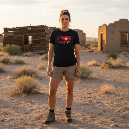 Blacklight Desert Skull Sunset graphic tee worn in the Southwest desert