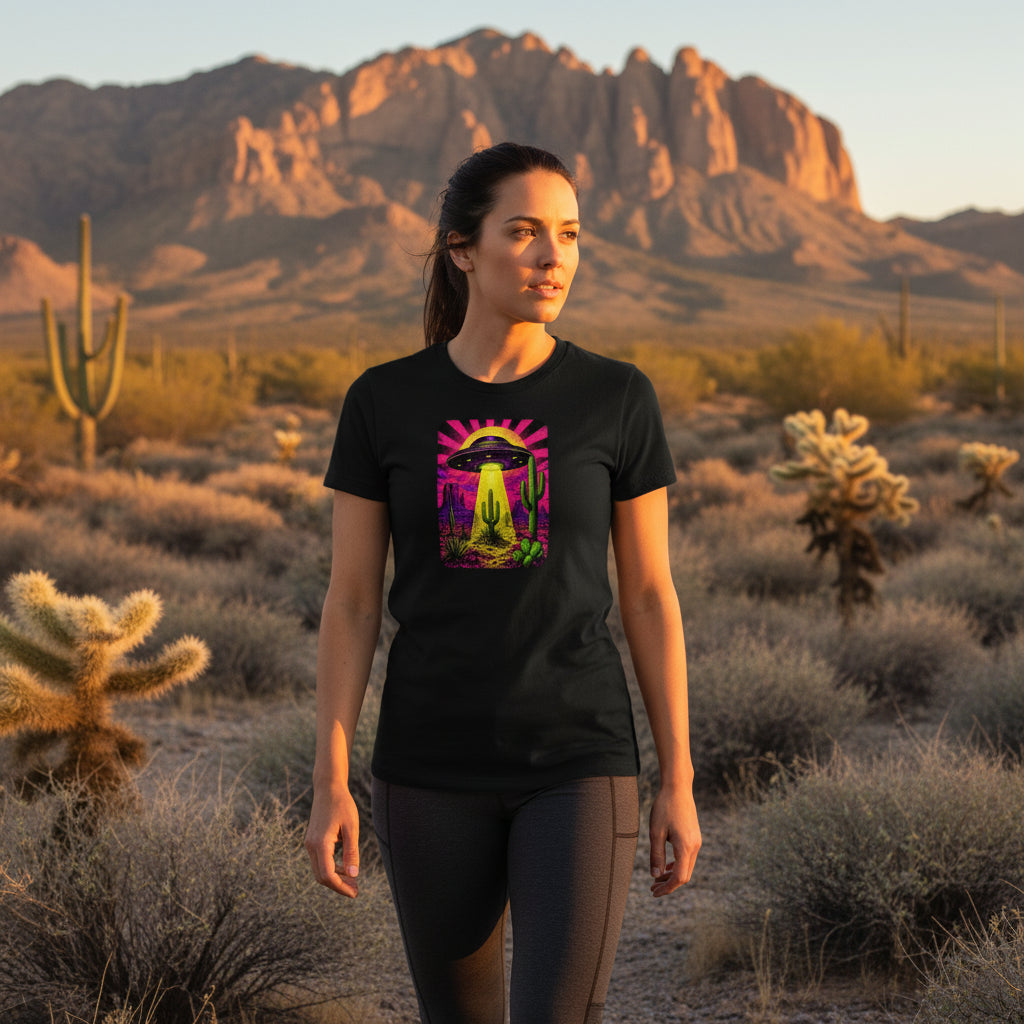 Neon Beam Desert UFO graphic tee worn in the Southwest desert