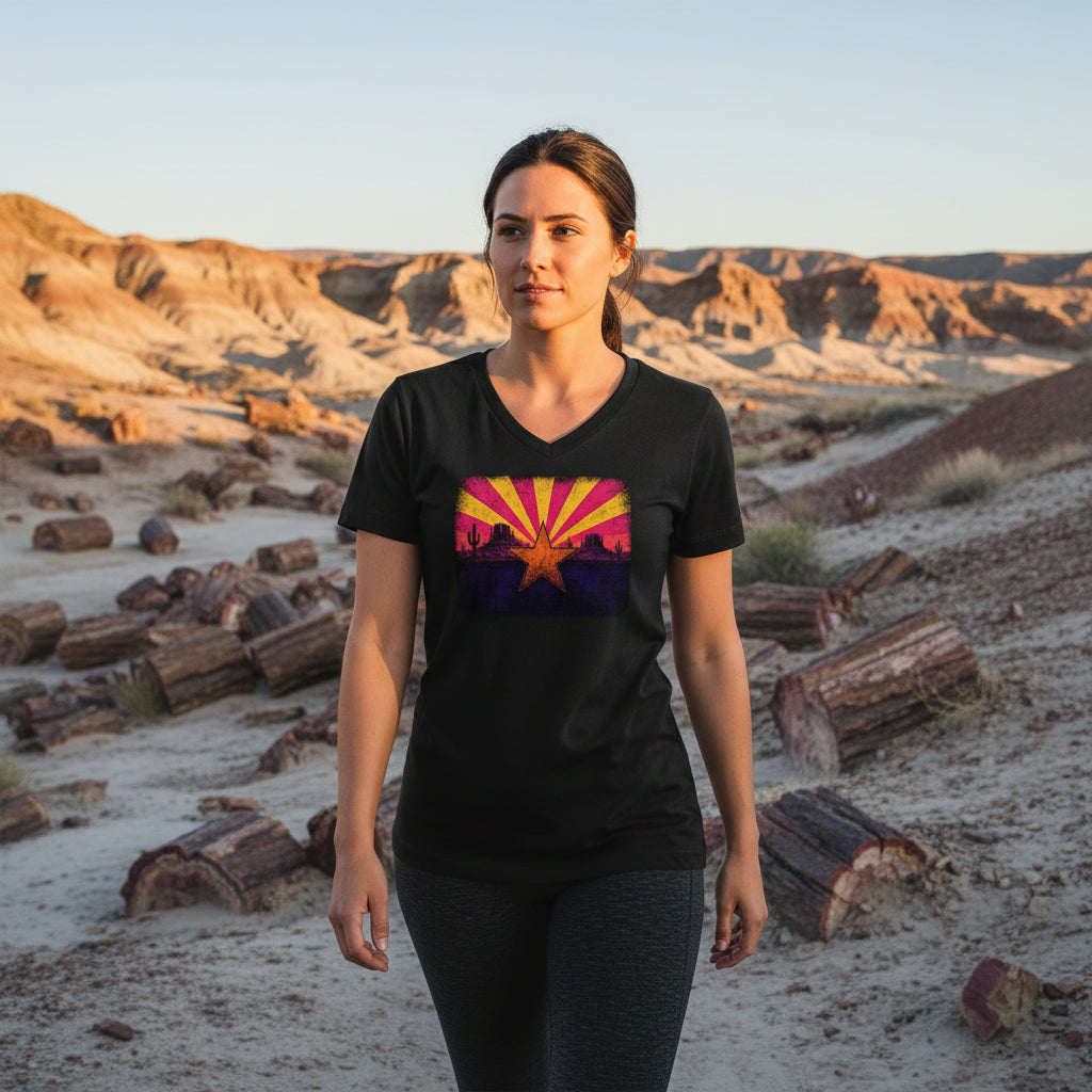 Neon Arizona Flag Star graphic V-neck tee worn in the Southwest desert