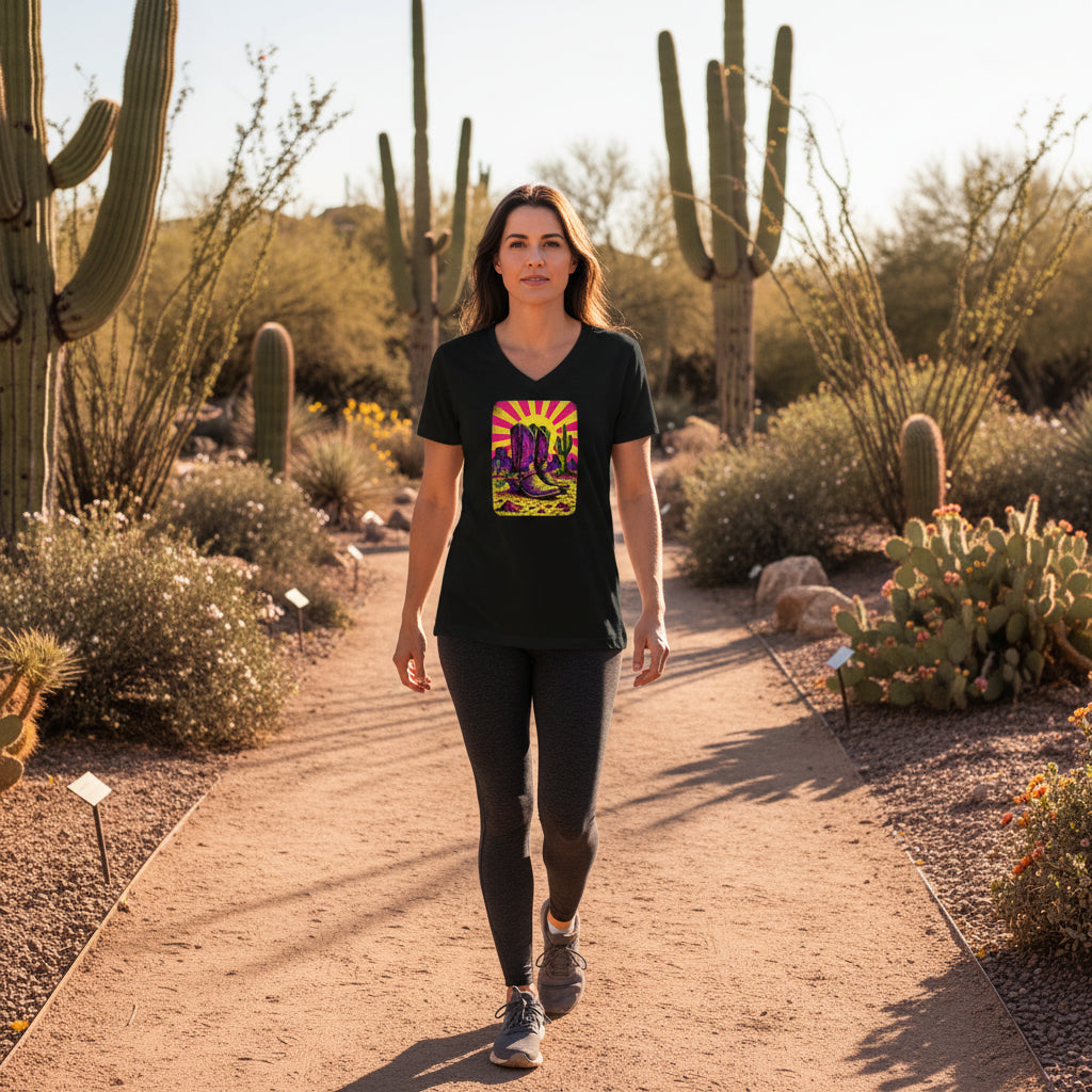 Neon Burst Cowboy Boots graphic V-neck tee worn in the Southwest desert
