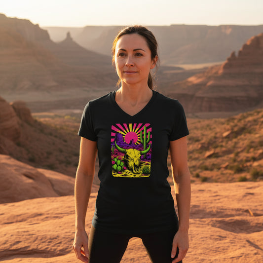 Neon Blacklight Cow Skull graphic V-neck tee worn in the Southwest desert