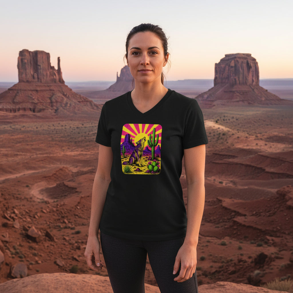 Neon Sunburst Coyote graphic V-neck tee worn in the Southwest desert