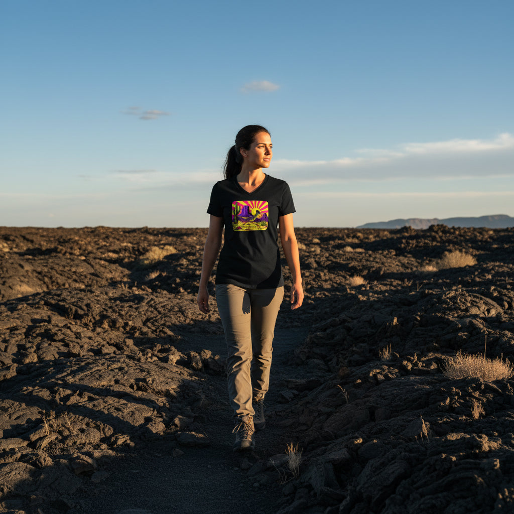 Neon Roadrunner Monument Valley graphic V-neck tee worn in the Southwest desert