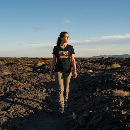 Neon Roadrunner Monument Valley graphic V-neck tee worn in the Southwest desert