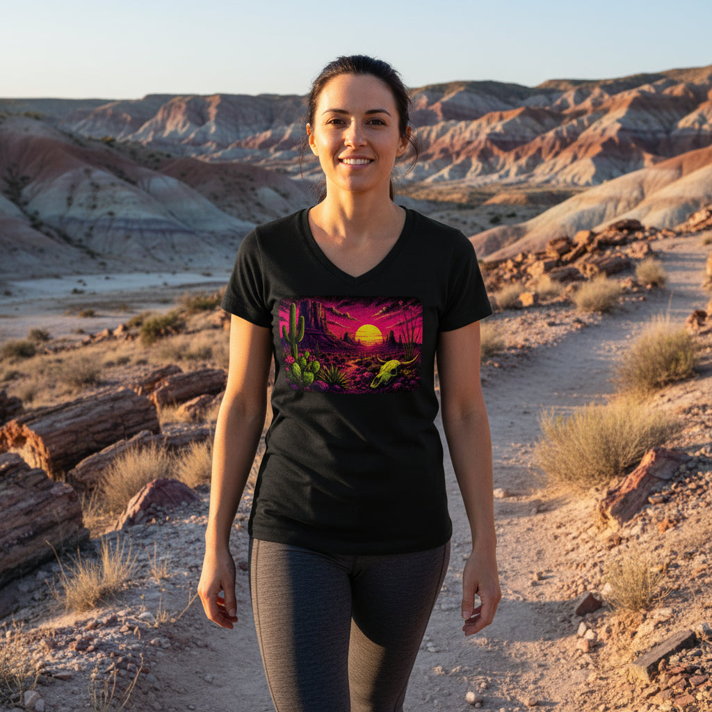 Blacklight Desert Sunset graphic V-neck tee worn in the Southwest desert