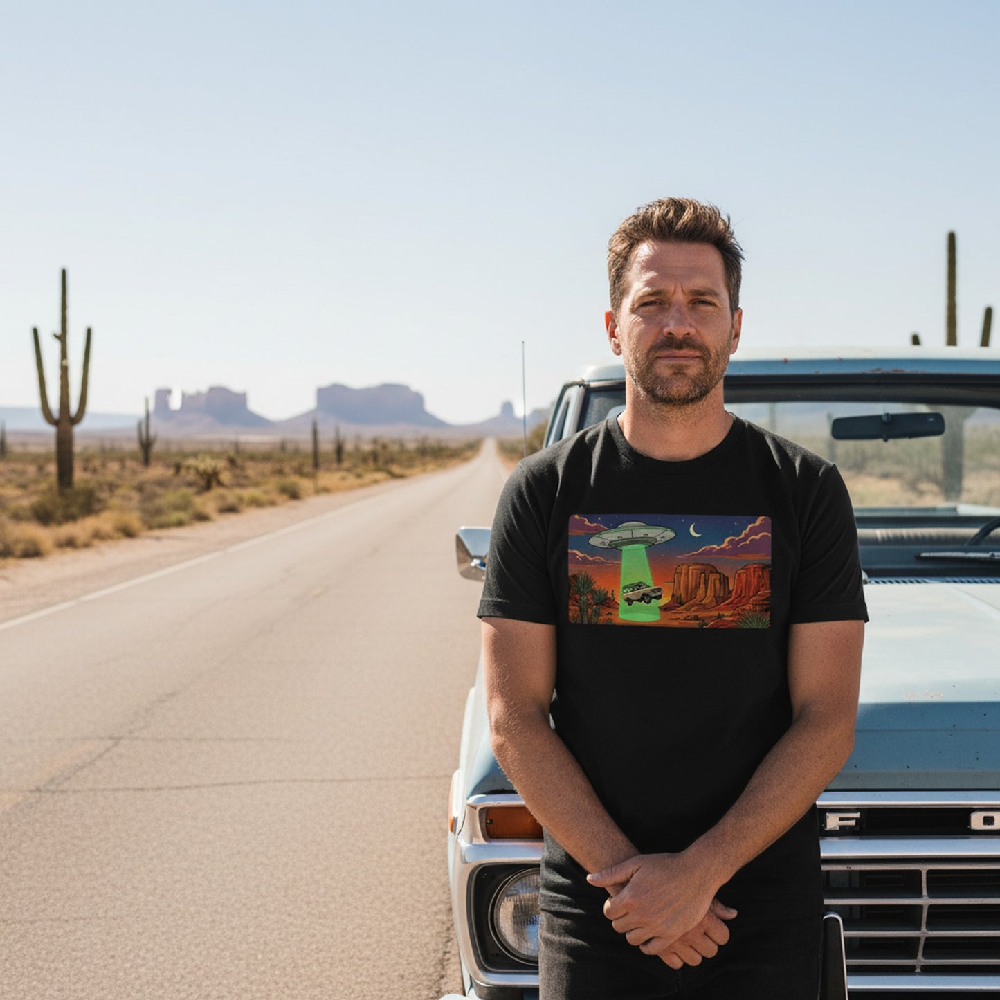 Desert Abduction Cruiser graphic tee worn in the Southwest desert