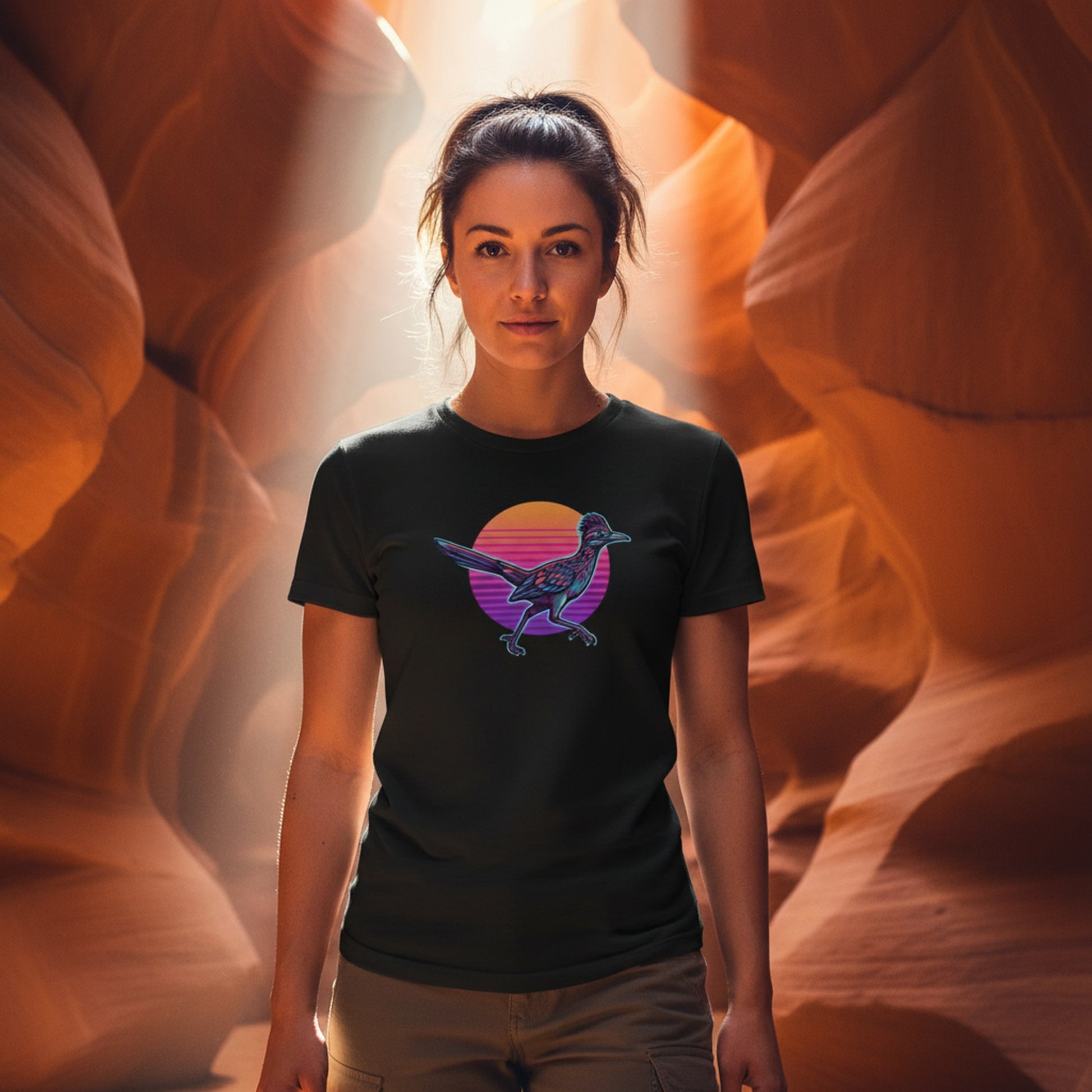Synthwave Roadrunner Sunset graphic tee worn in the Southwest desert