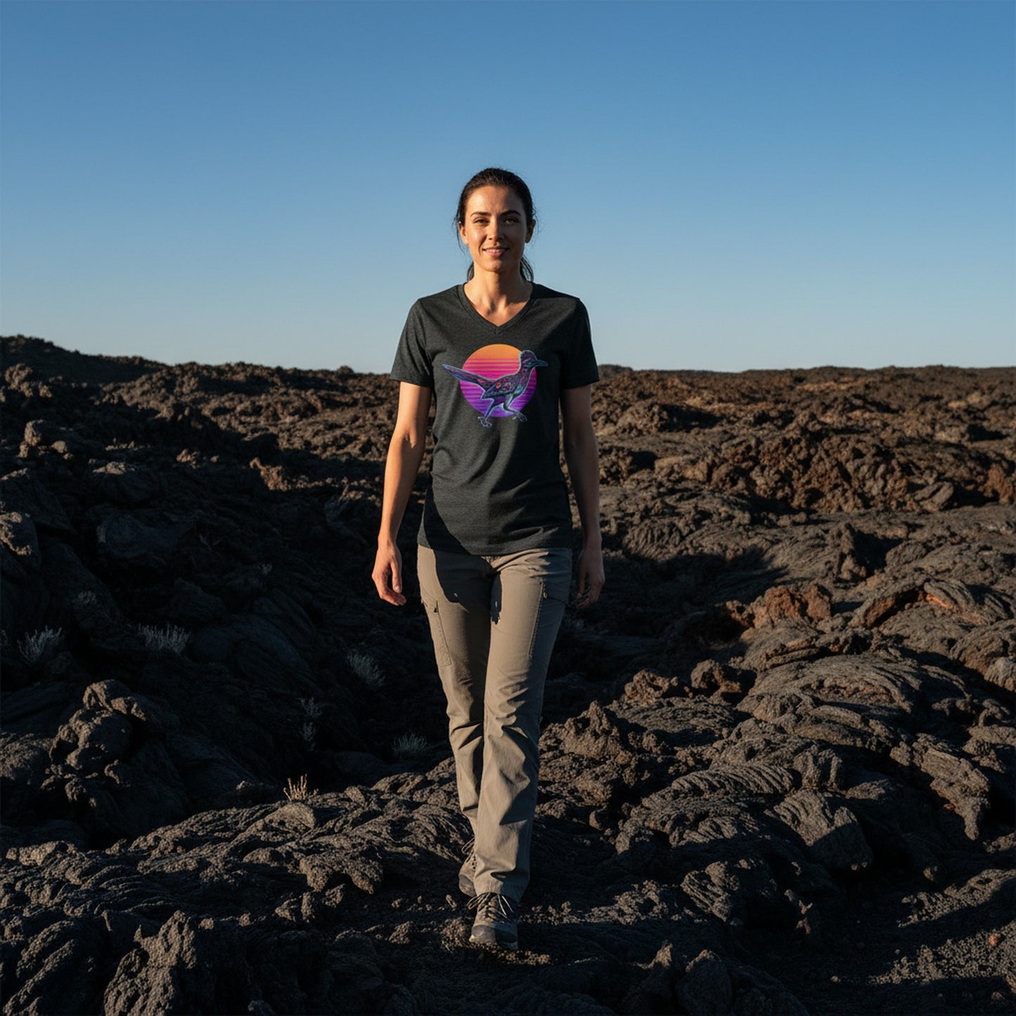 Synthwave Roadrunner Sunset graphic V-neck tee worn in the Southwest desert