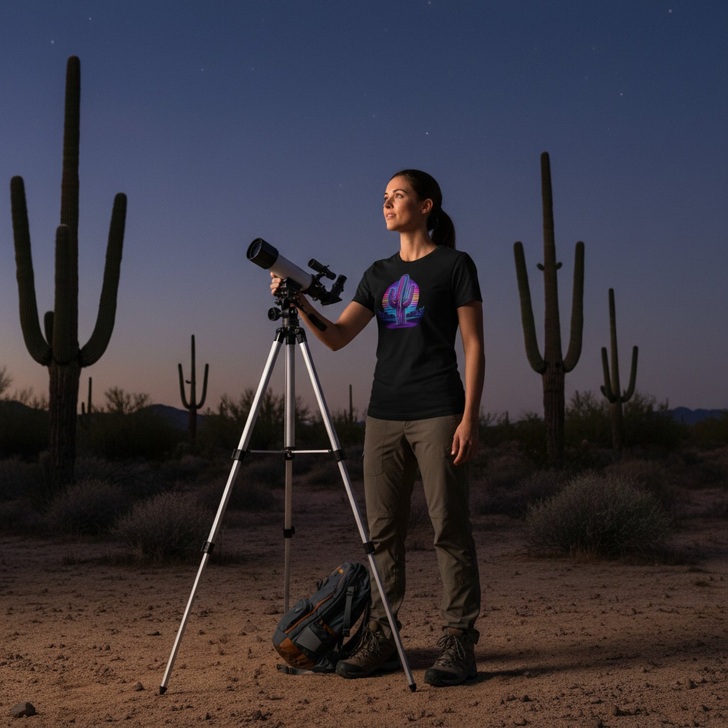 Neon Saguaro Synthwave graphic tee worn in the Southwest desert