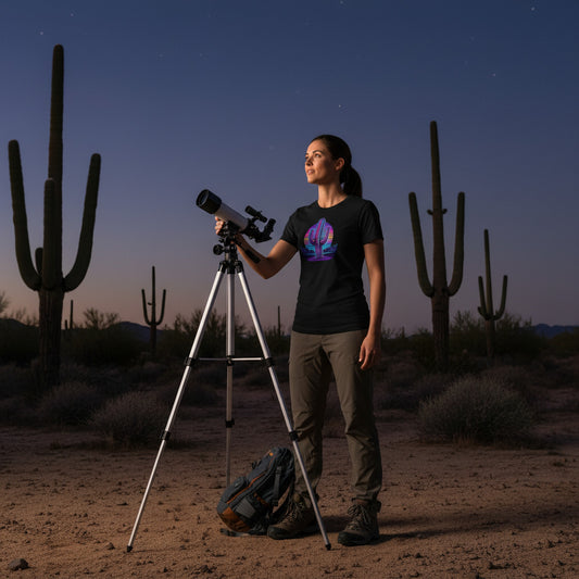 Neon Saguaro Synthwave graphic tee worn in the Southwest desert