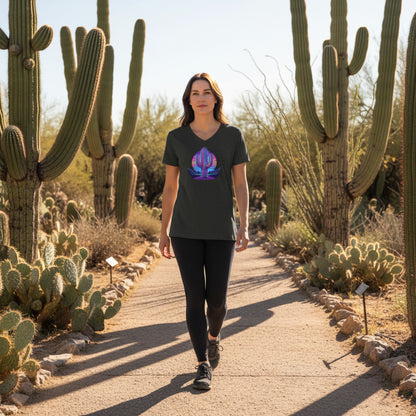 80S Neon Gradient Saguaro graphic V-neck tee worn in the Southwest desert