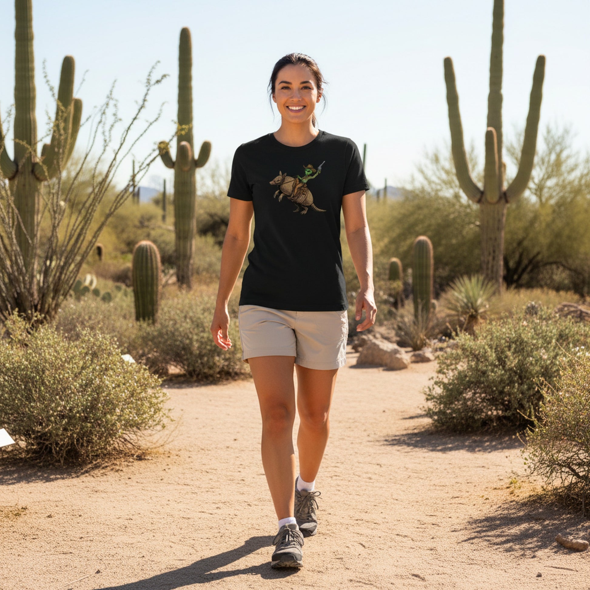 Alien Cowboy Armadillo Rider graphic tee worn in the Southwest desert