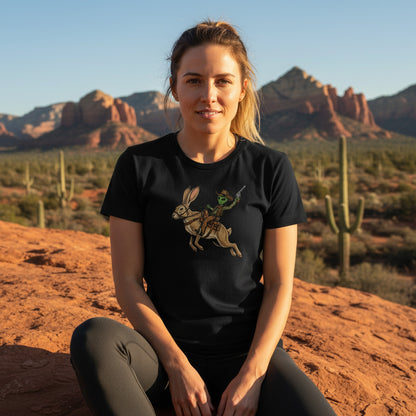 Alien Cowboy Jack Rabbit graphic tee worn in the Southwest desert