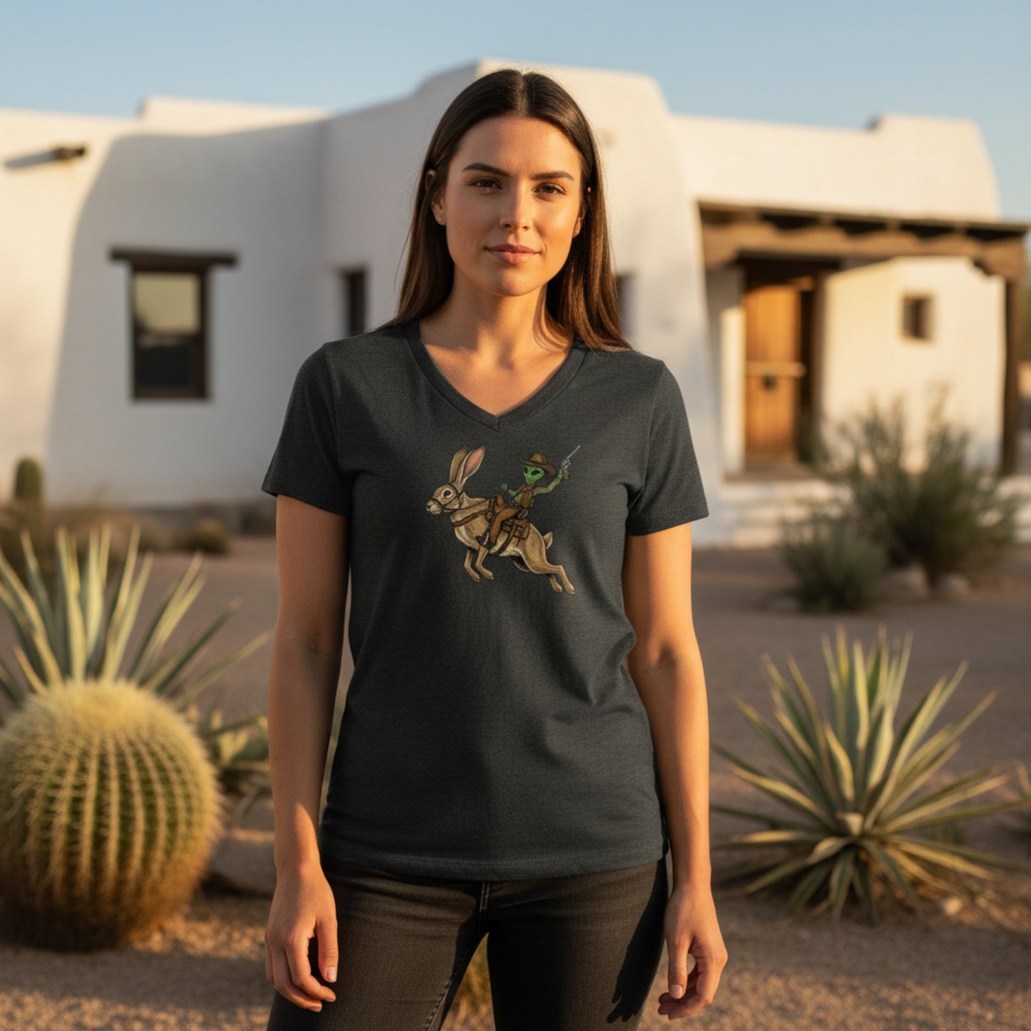 Alien Cowboy on a Desert Hare graphic V-neck tee worn in the Southwest desert