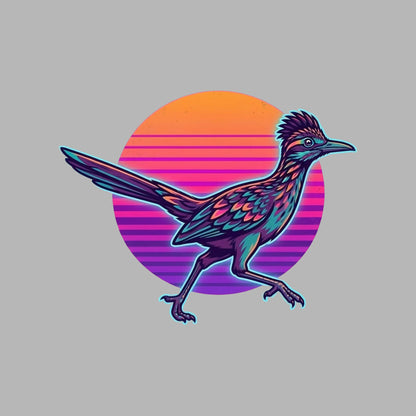 Close-up of the Synthwave Roadrunner Sunset design on an Athletic Heather tee