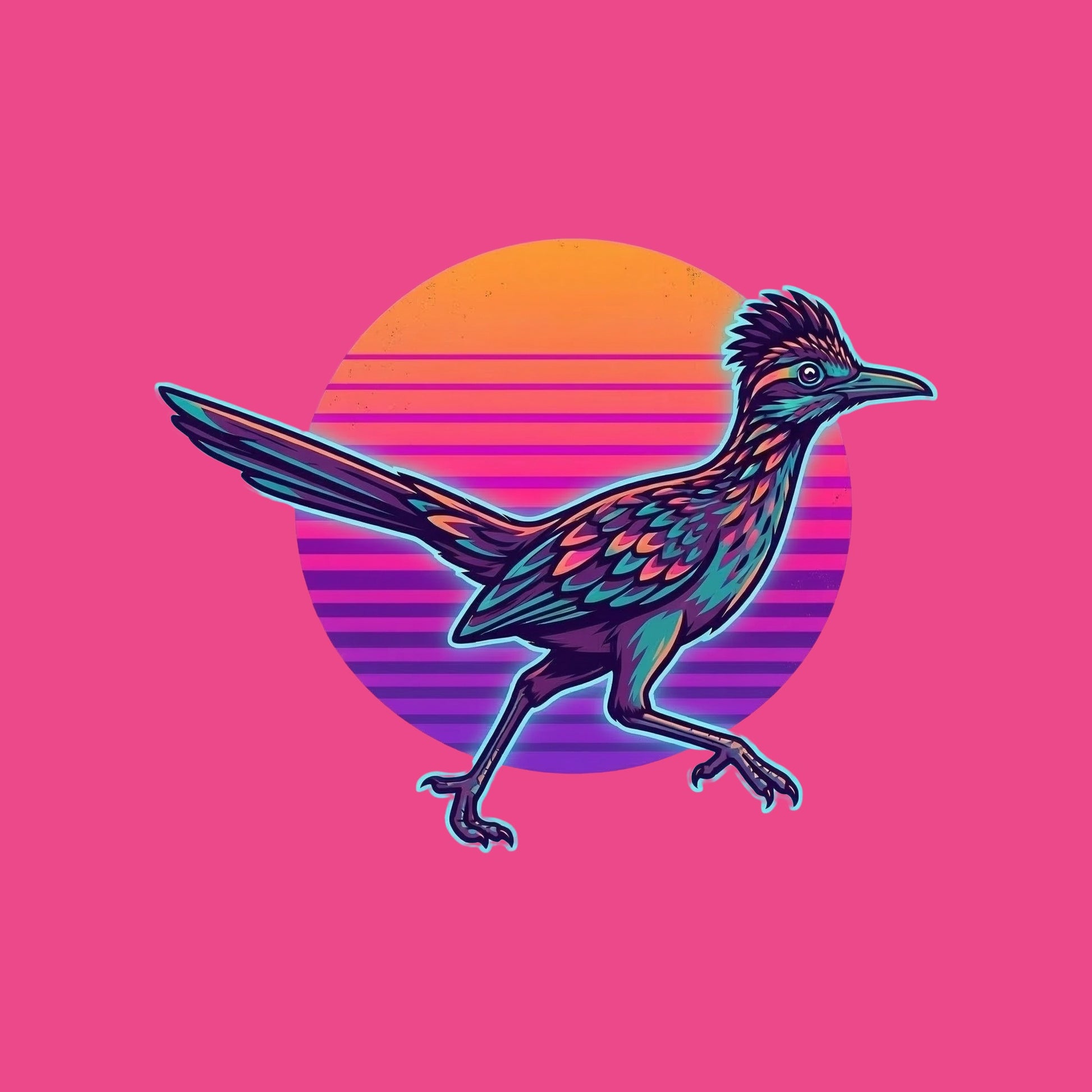 Close-up of the Synthwave Roadrunner Sunset design on a Berry V-neck tee