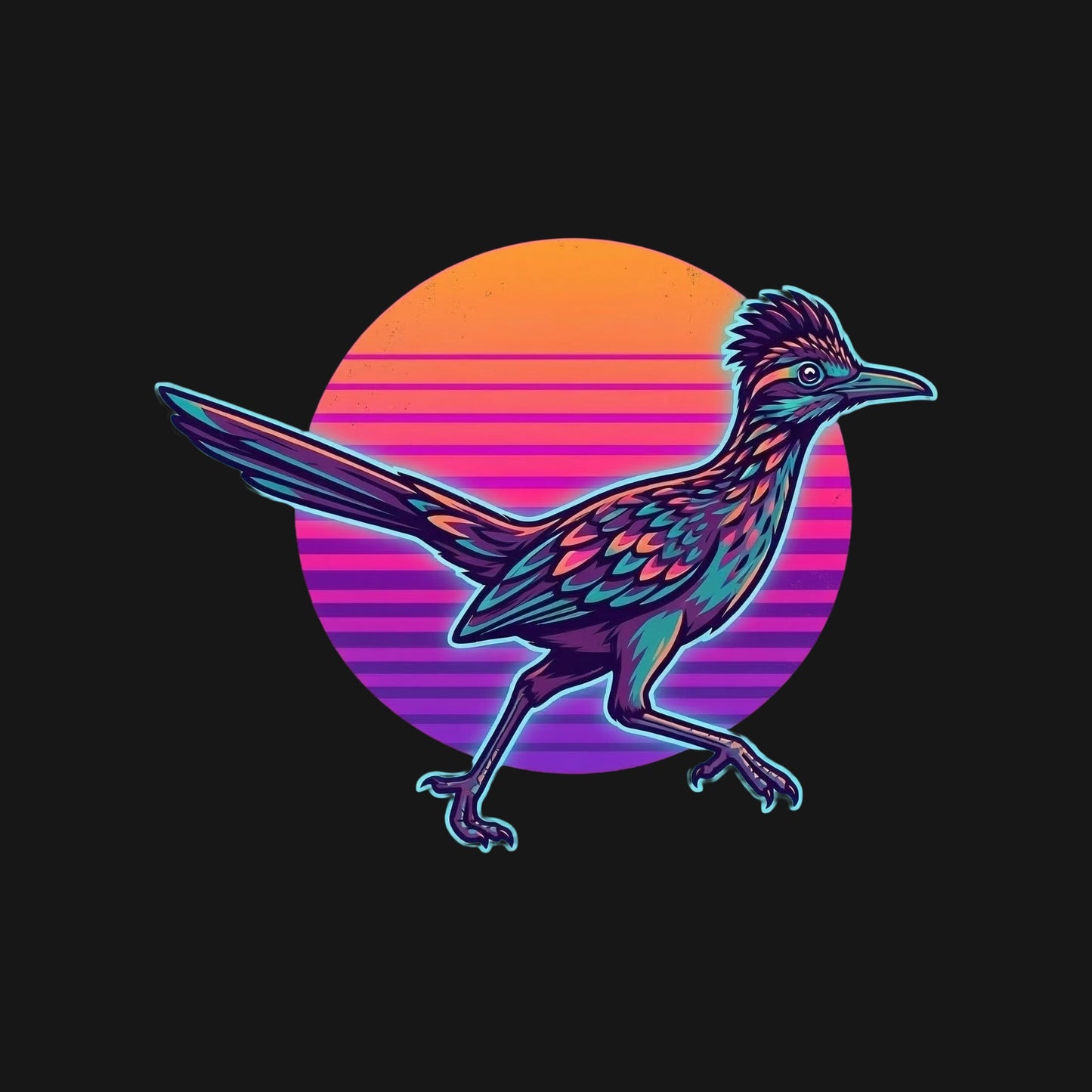 Close-up of the Synthwave Roadrunner Sunset design on a Black tee