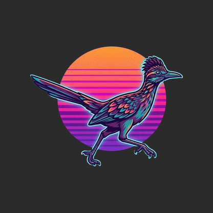 Close-up of the Synthwave Roadrunner Sunset design on a Dark Grey Heather V-neck tee