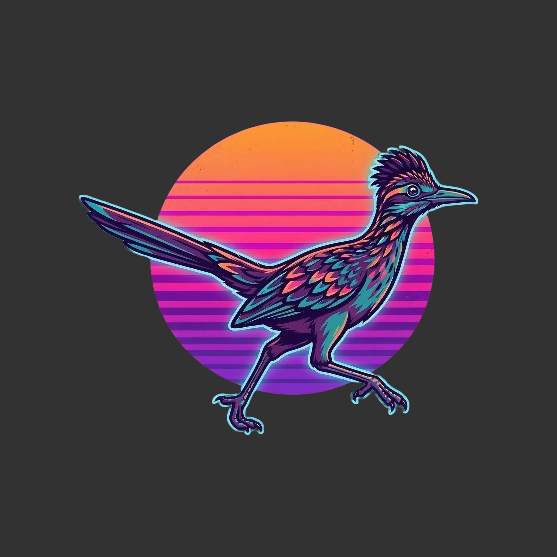 Close-up of the Synthwave Roadrunner Sunset design on a Dark Grey Heather tee