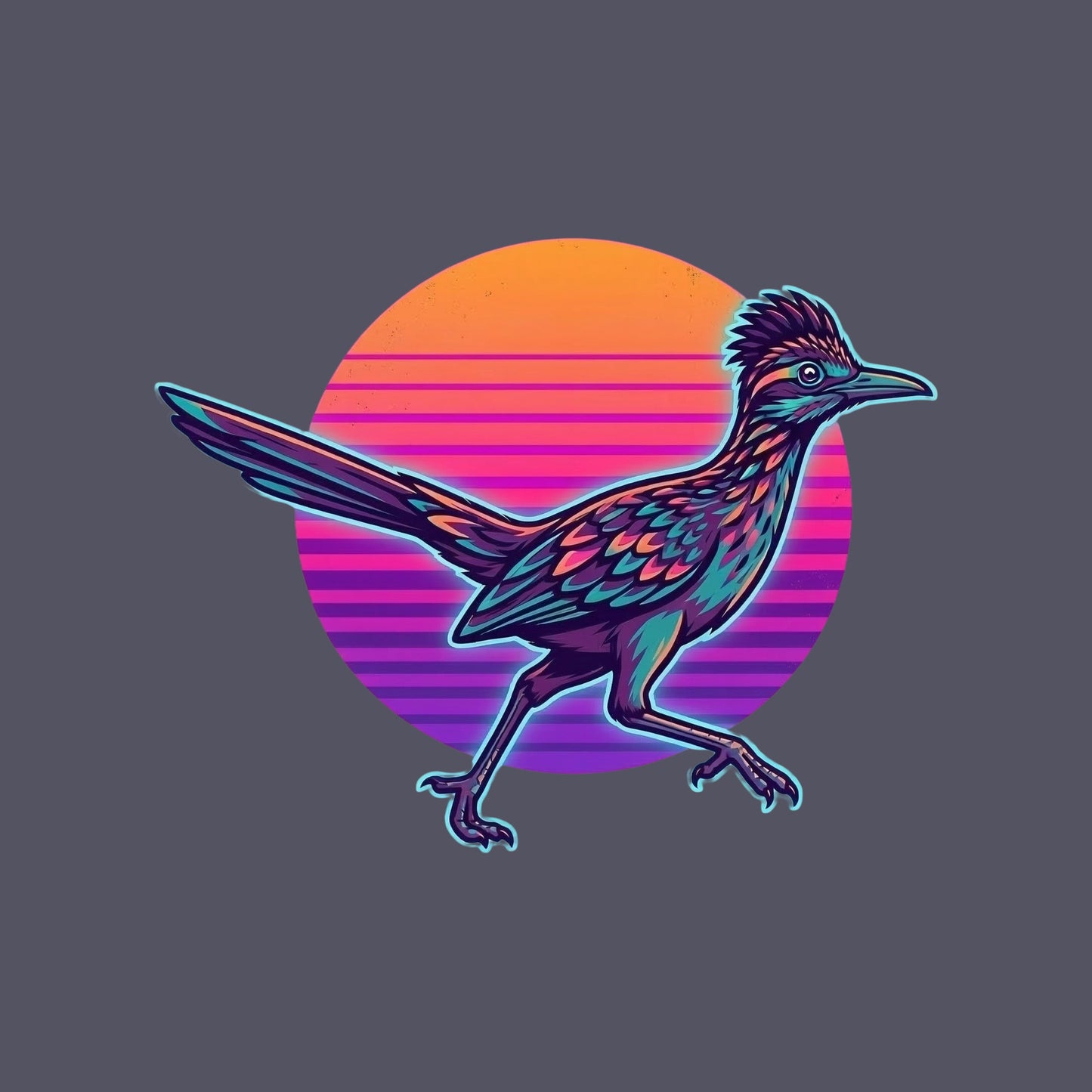 Close-up of the Synthwave Roadrunner Sunset design on a Heather Navy tee
