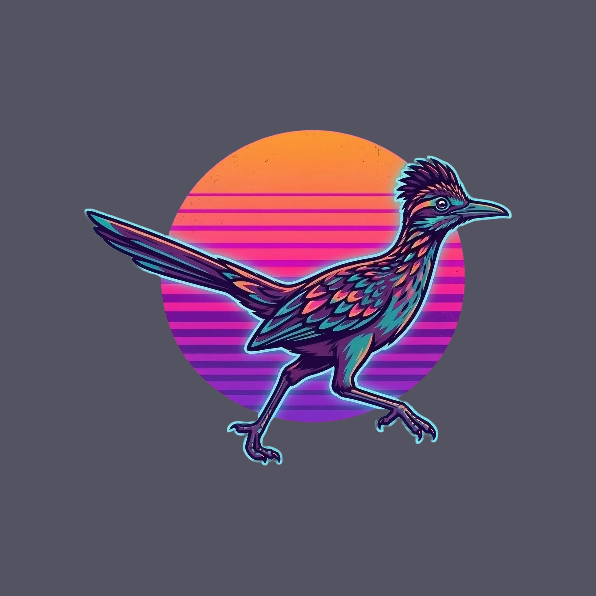 Close-up of the Synthwave Roadrunner Sunset design on a Heather Navy tee