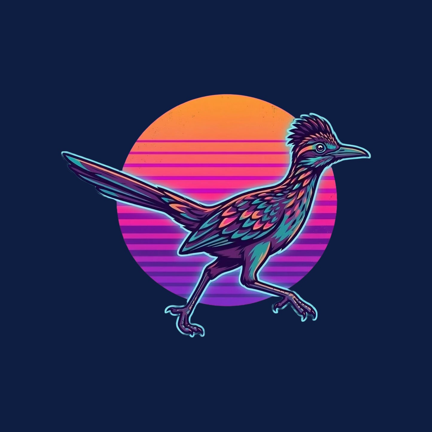 Close-up of the Synthwave Roadrunner Sunset design on a Heather Navy V-neck tee