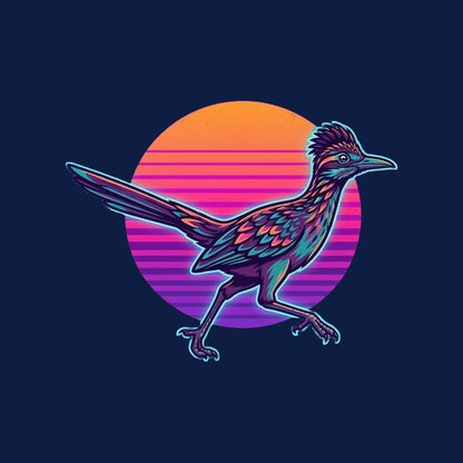 Close-up of the Synthwave Roadrunner Sunset design on a Heather Navy V-neck tee