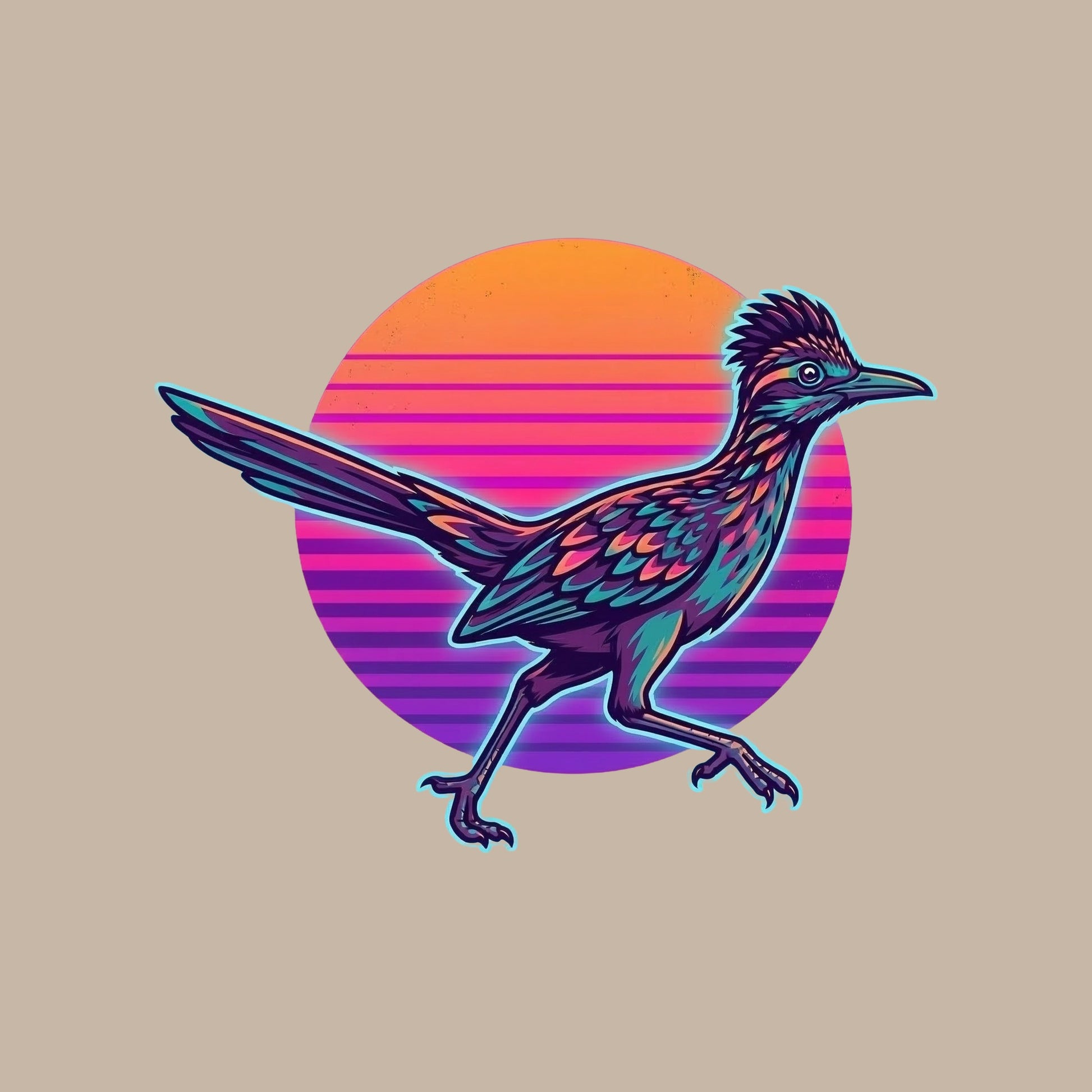 Close-up of the Synthwave Roadrunner Sunset design on a Heather Stone tee